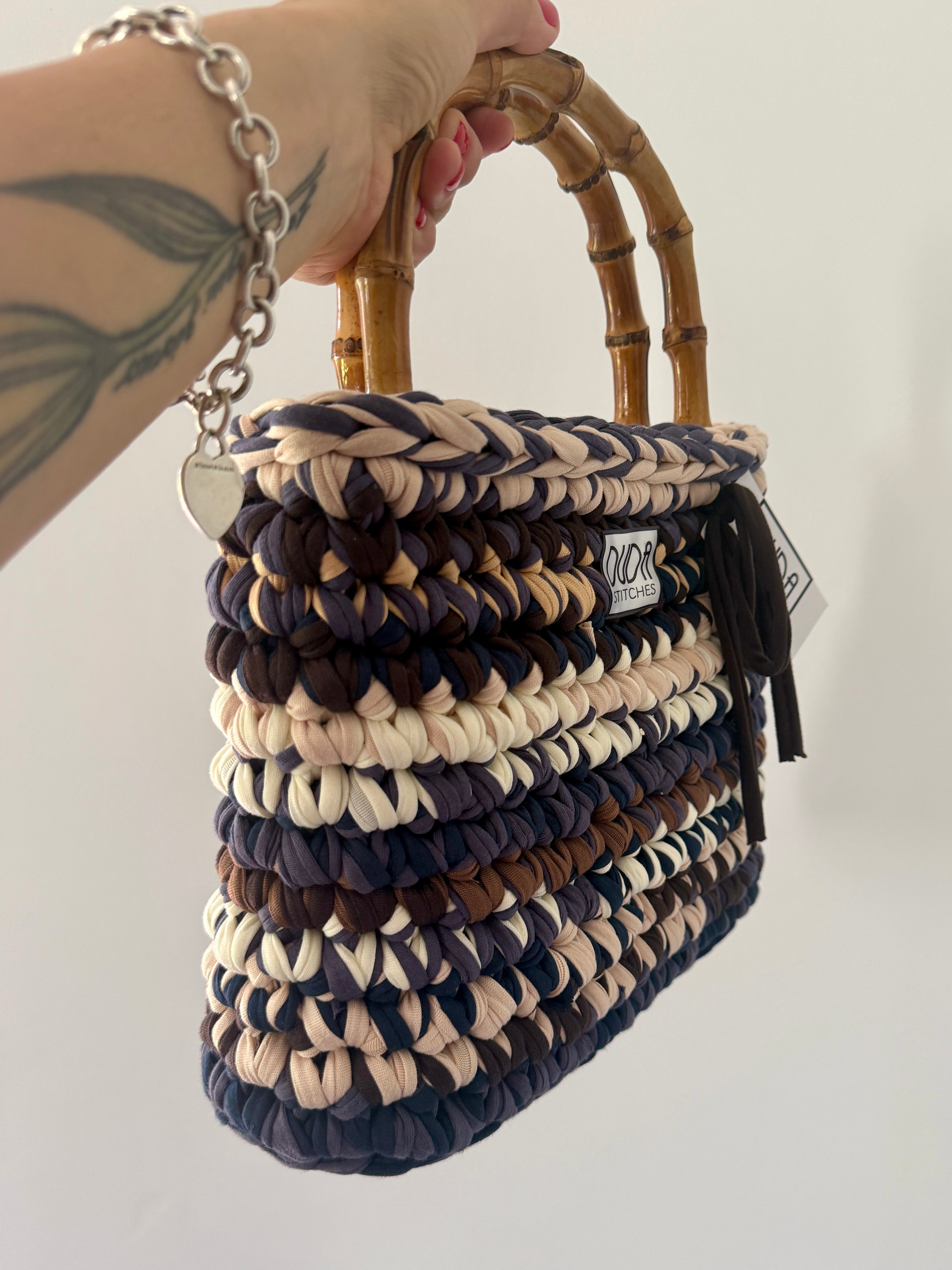ALBA bag standard multicolore blu//marrone con manici in bamboo