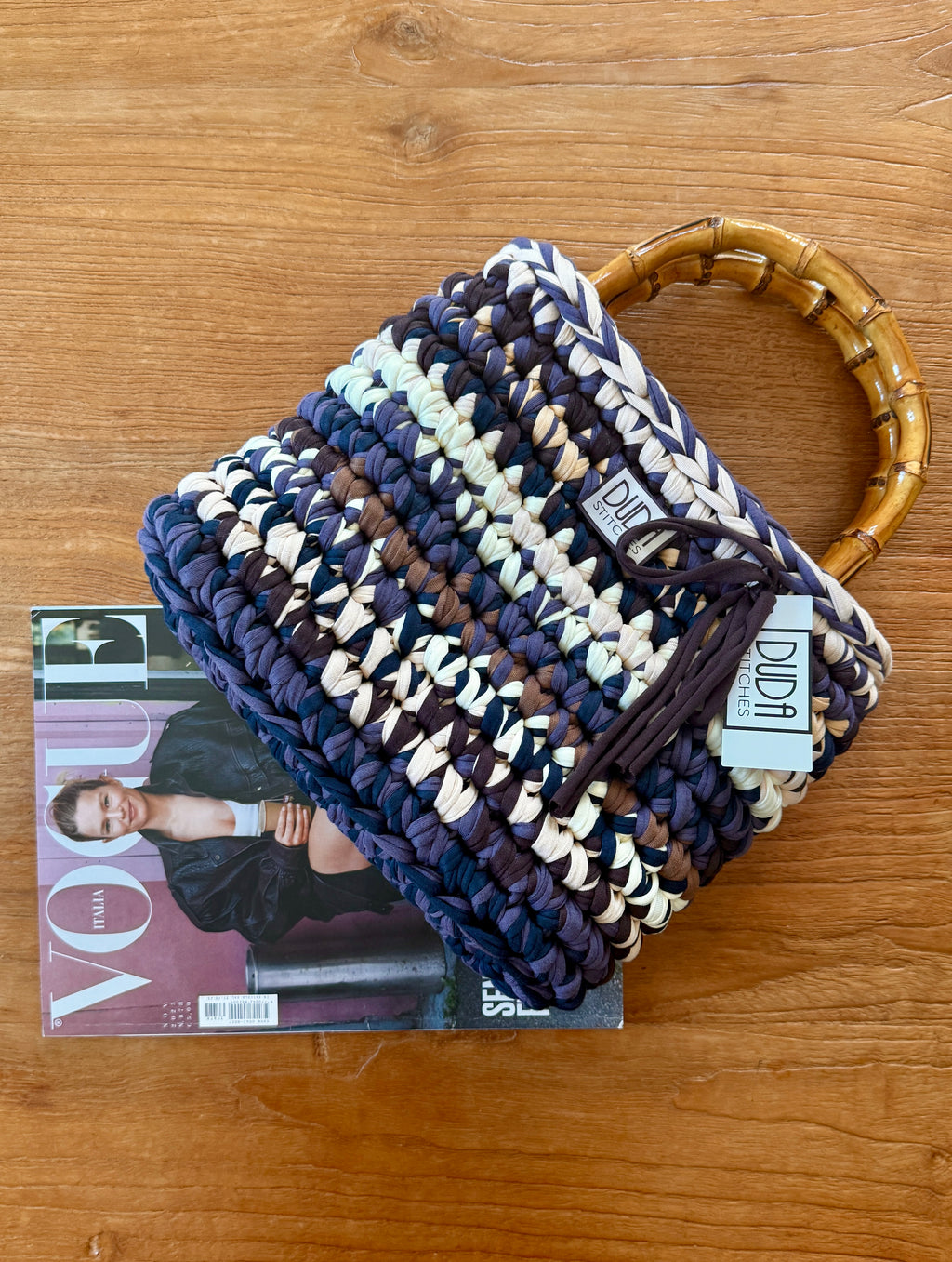 ALBA bag standard multicolore blu//marrone con manici in bamboo