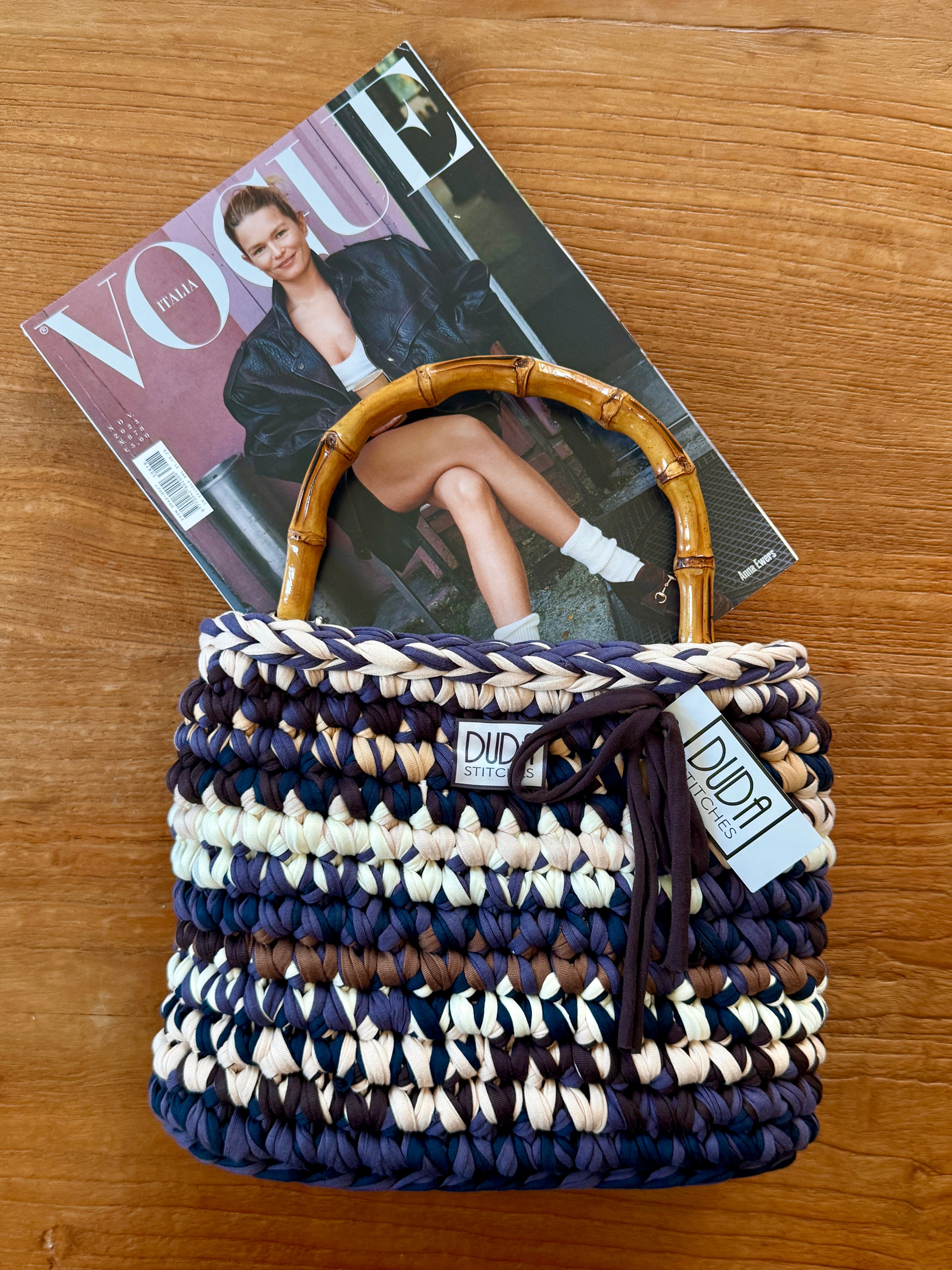 ALBA bag standard multicolore blu//marrone con manici in bamboo