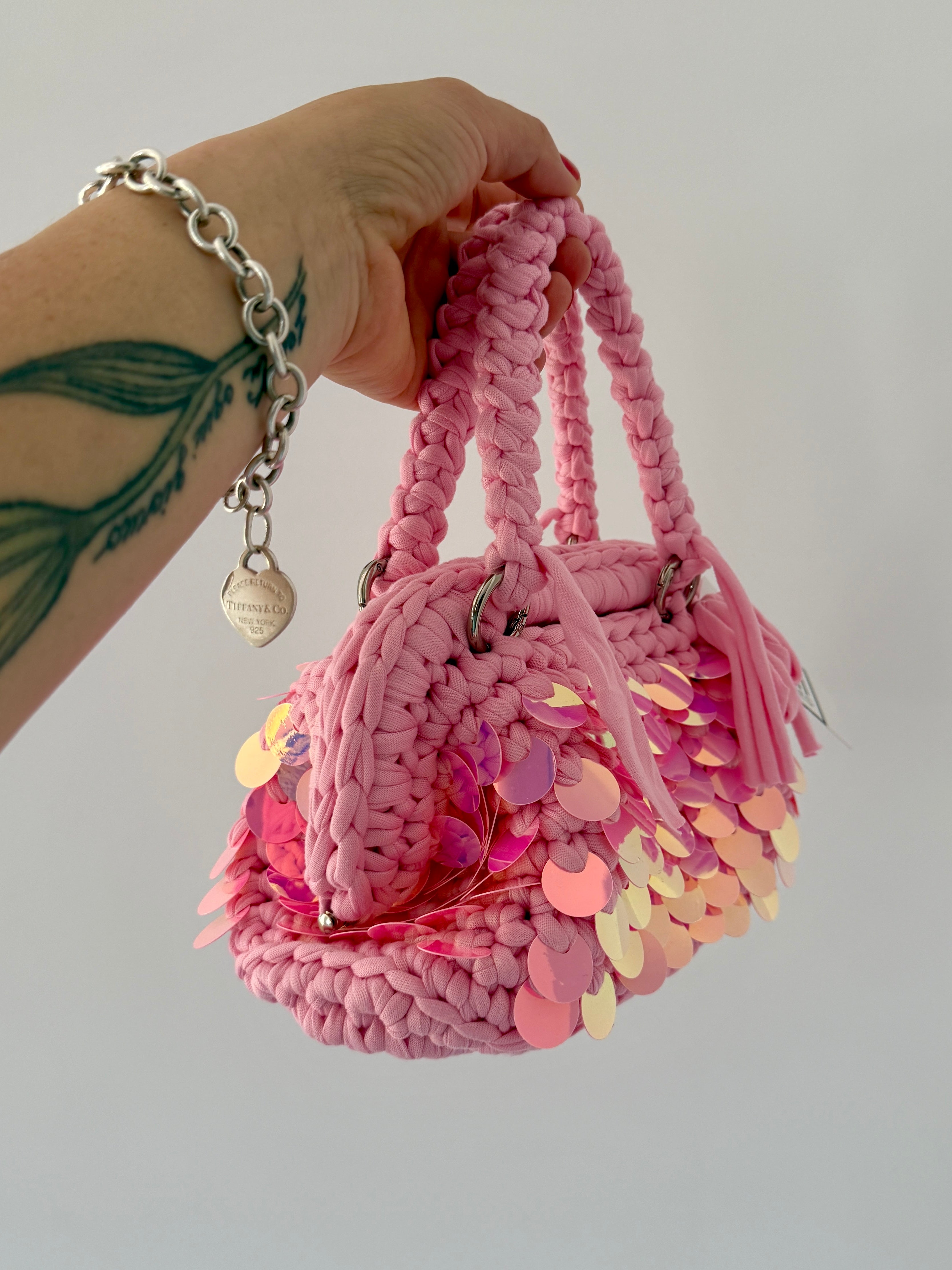 GIANDUIOTTA bag mini paillettes rosa con manico e doppia maniglia
