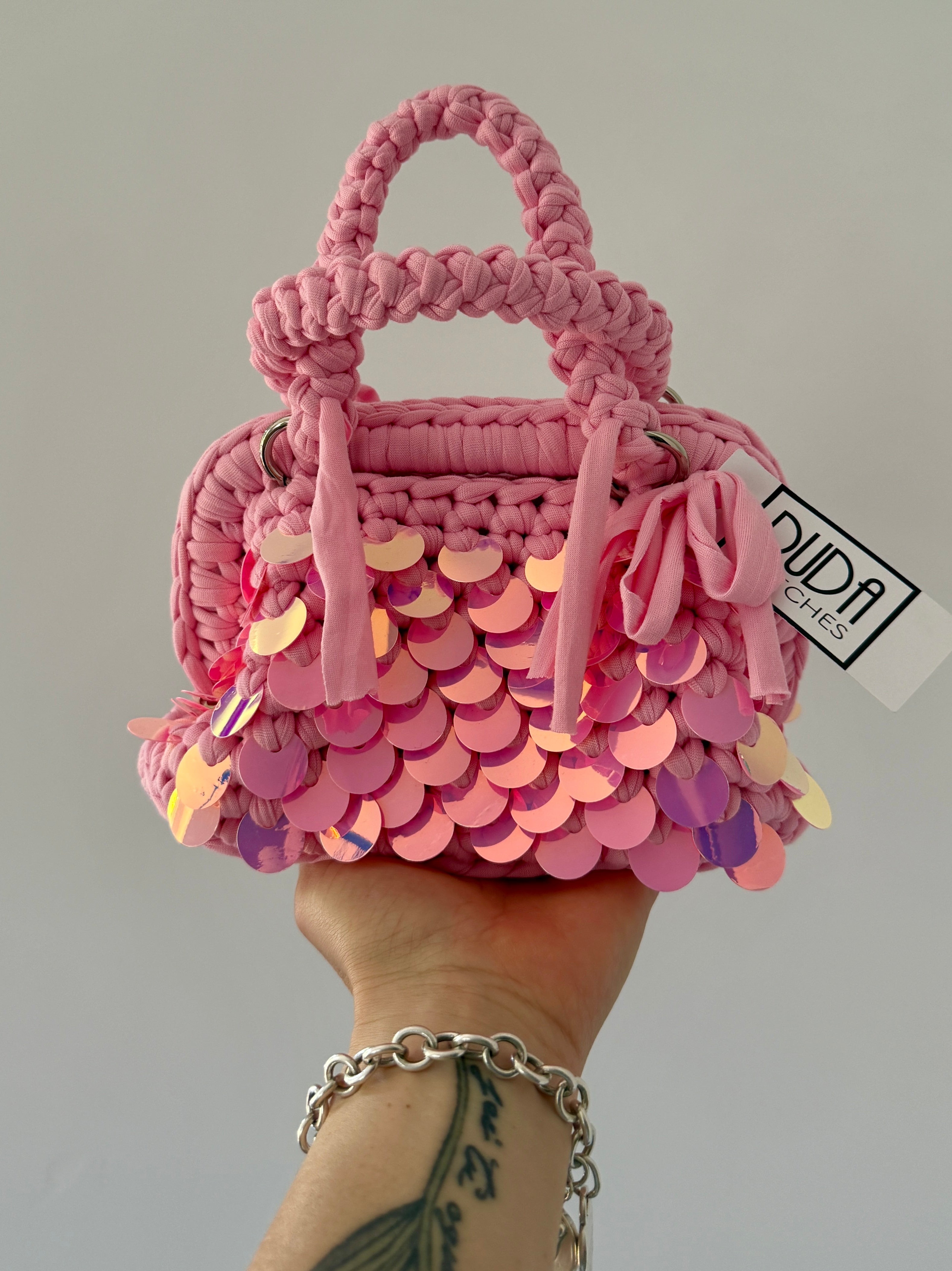 GIANDUIOTTA bag mini paillettes rosa con manico e doppia maniglia