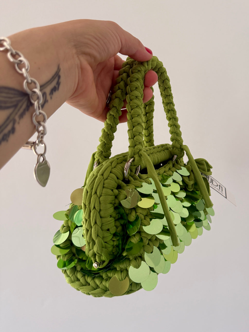 GIANDUIOTTA bag mini paillettes verde lime con manico e doppia maniglia