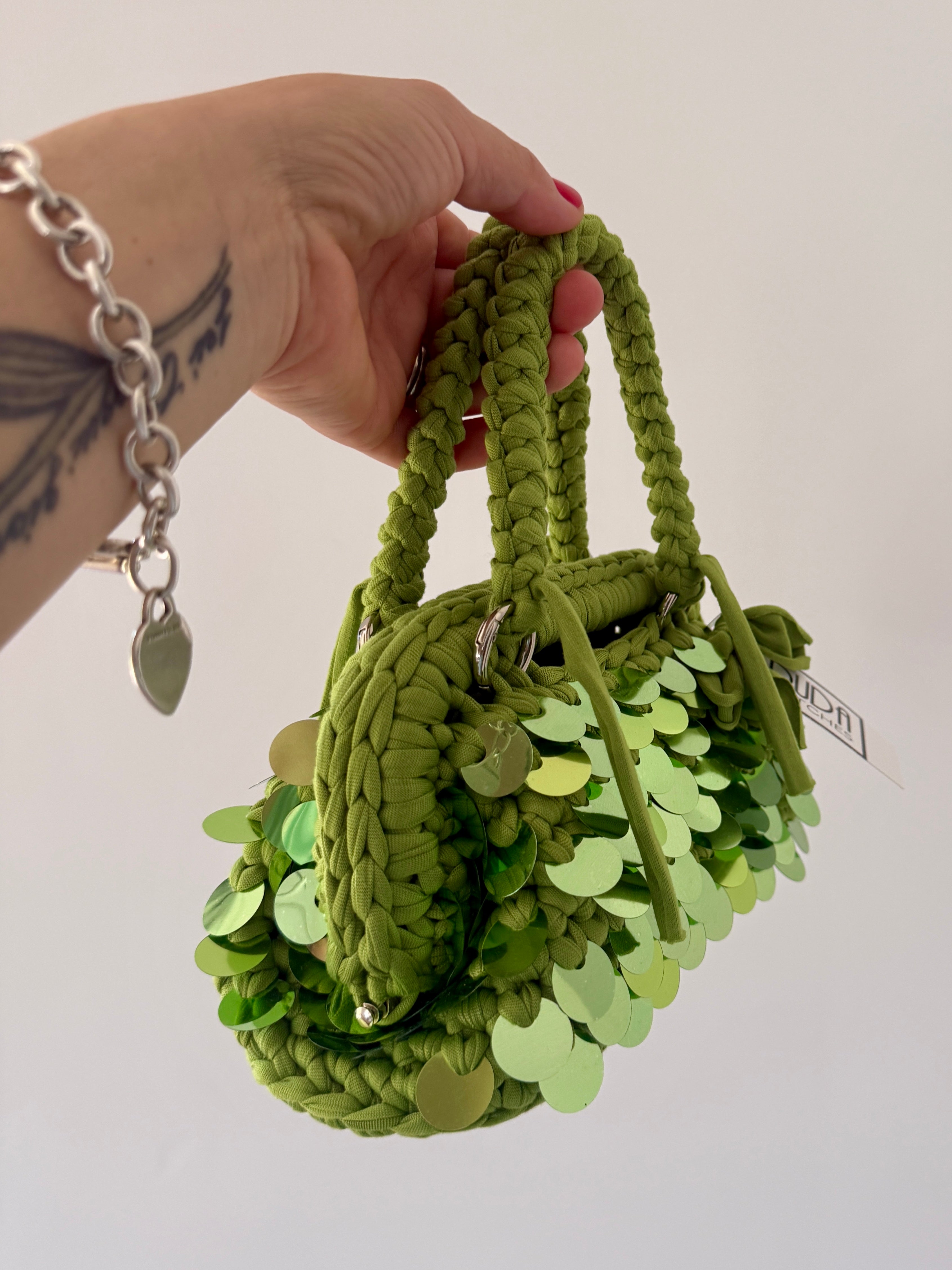 GIANDUIOTTA bag mini paillettes verde lime con manico e doppia maniglia