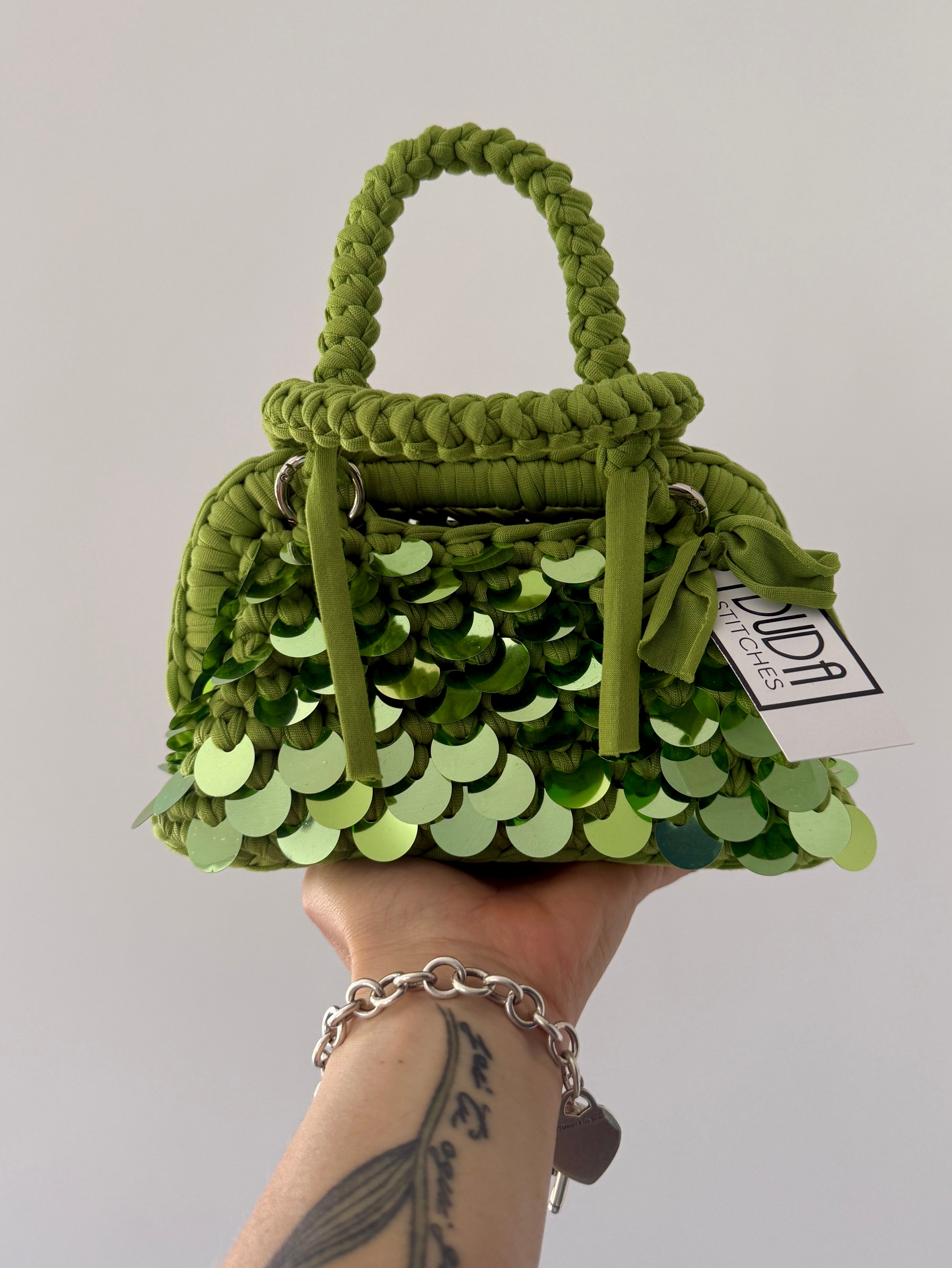 GIANDUIOTTA bag mini paillettes verde lime con manico e doppia maniglia