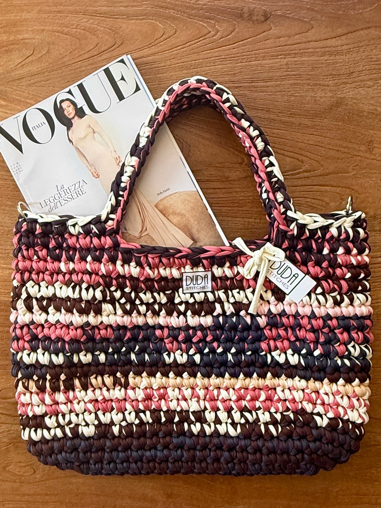 BAROLO bag large multicolore corallo//grigio con maniglie in lycra