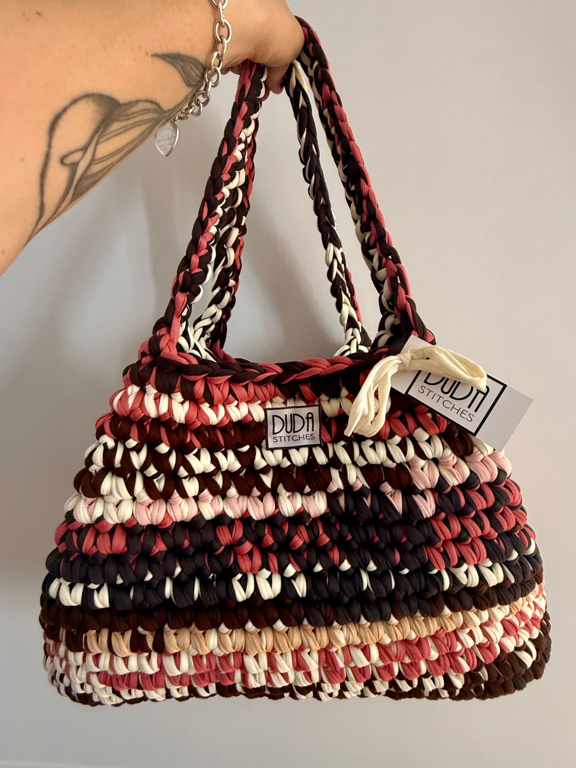 BAROLO bag large multicolore corallo//grigio con maniglie in lycra