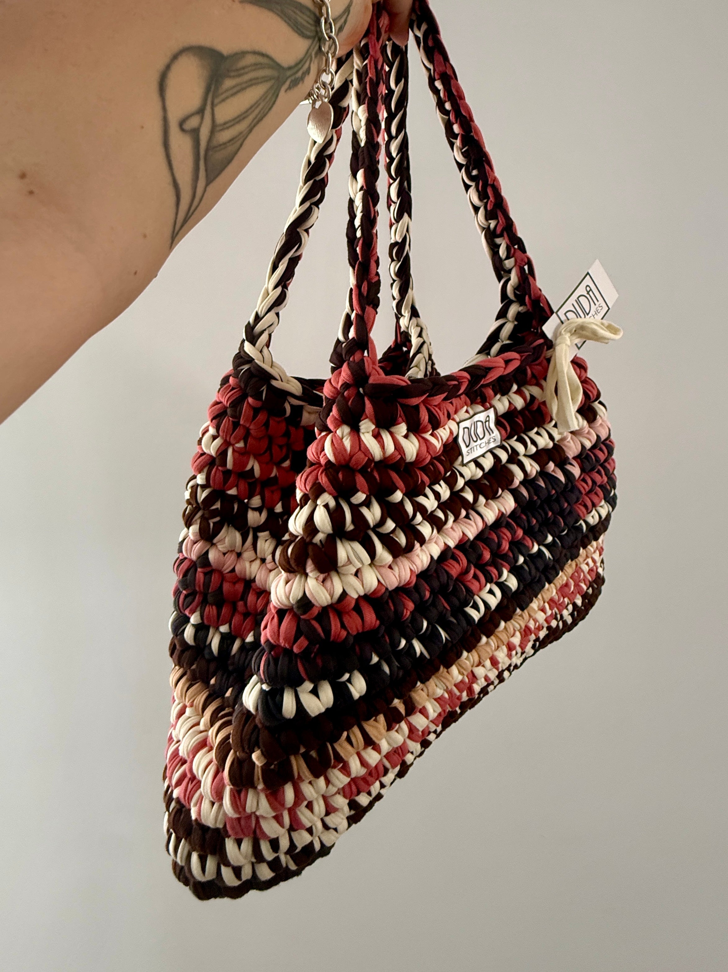 BAROLO bag large multicolore corallo//grigio con maniglie in lycra