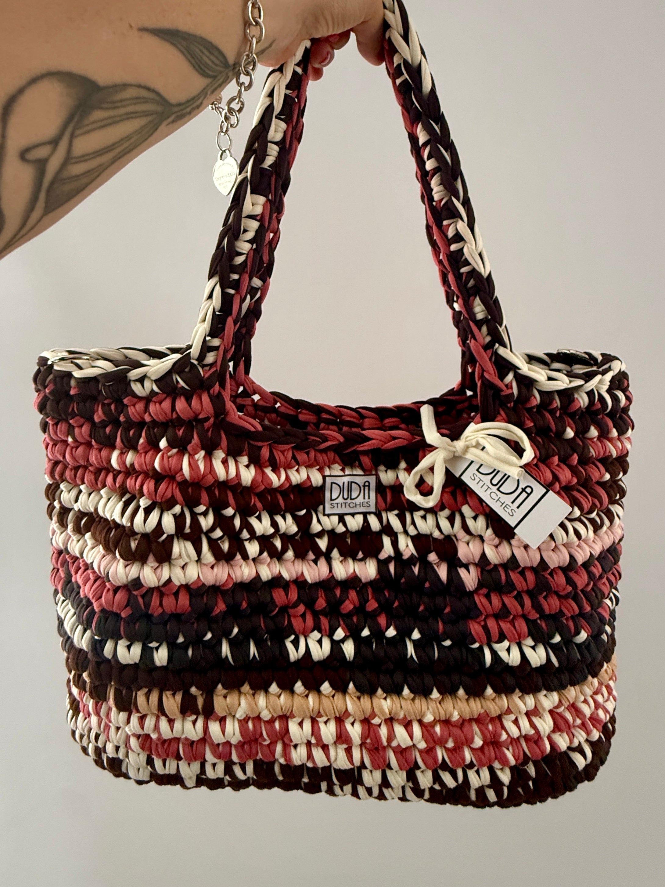 BAROLO bag large multicolore corallo//grigio con maniglie in lycra