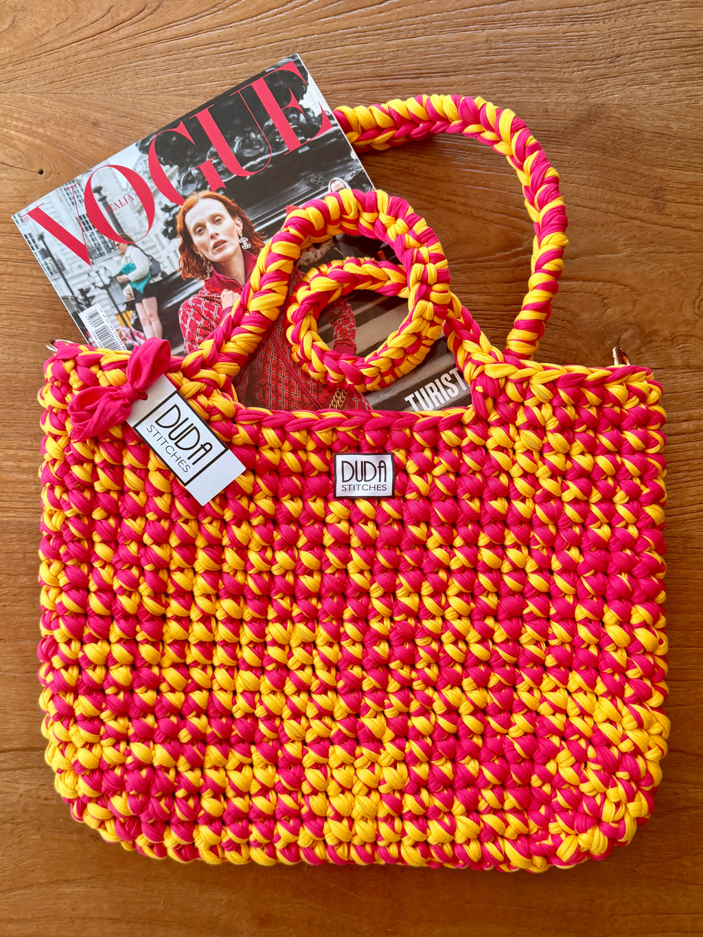 BAROLO bag large melange giallo//fucsia con maniglie in lycra