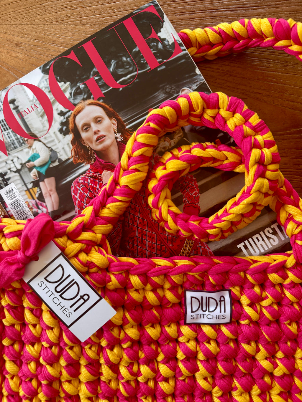 BAROLO bag large melange giallo//fucsia con maniglie in lycra