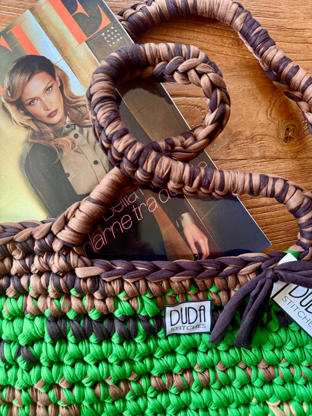 BAROLO bag large multicolore verde//marrone con maniglie in lycra