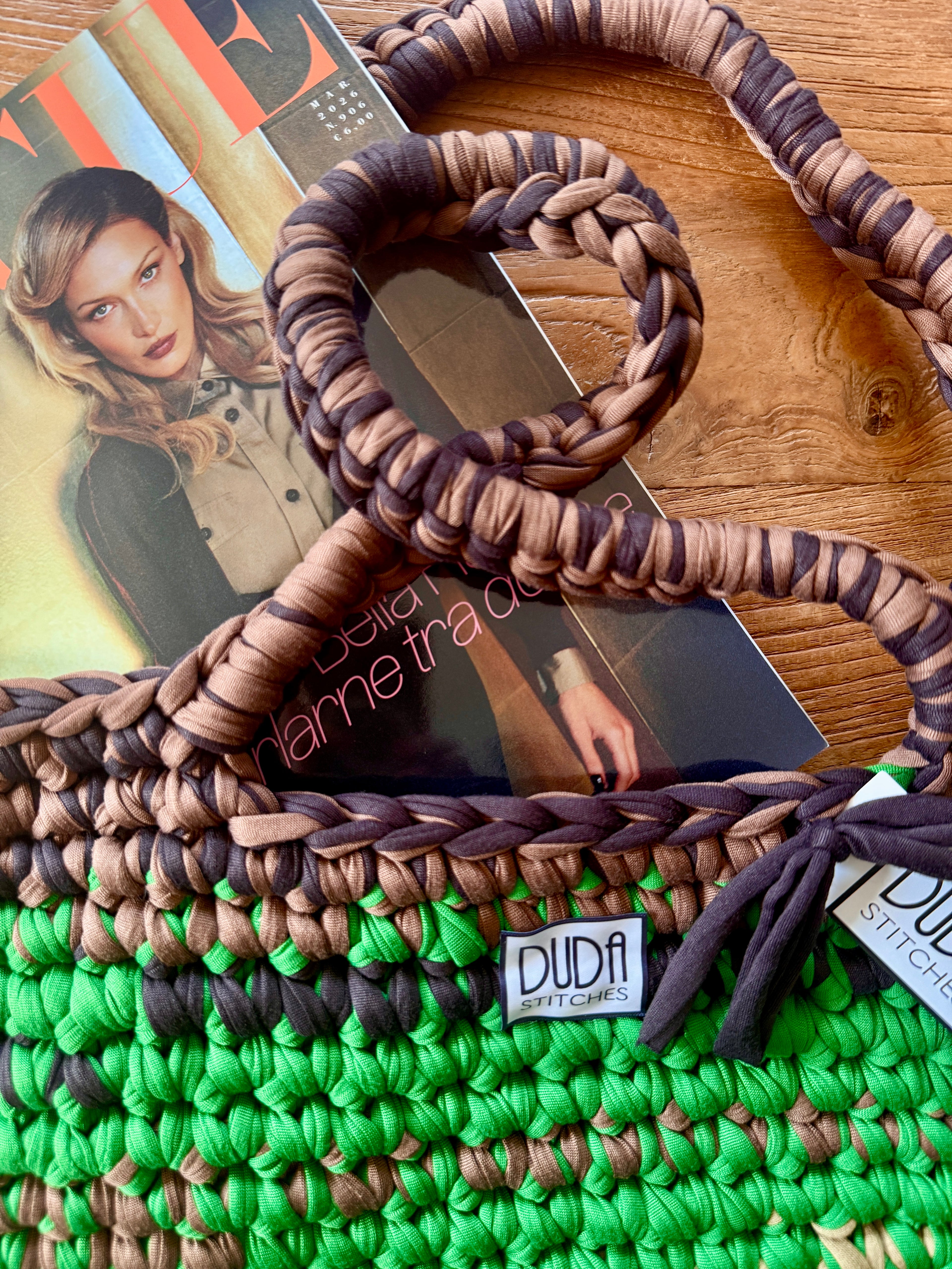 BAROLO bag large multicolore verde//marrone con maniglie in lycra