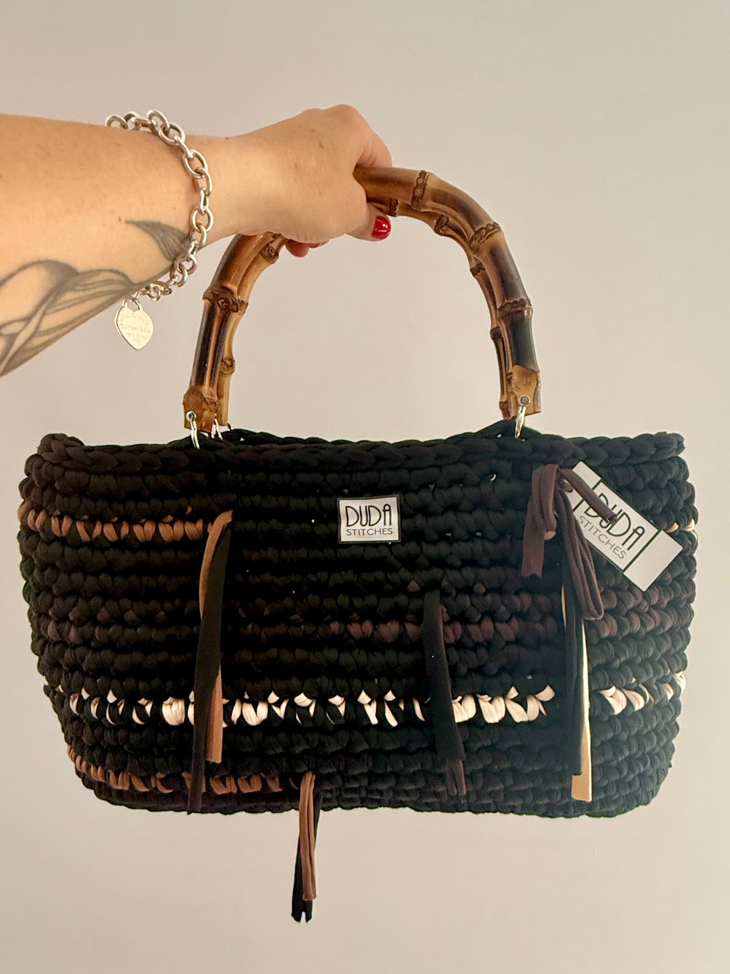 BAROLO bag large multicolore nero//marrone con manici in bamboo