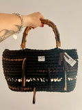 BAROLO bag large multicolore nero//marrone con manici in bamboo