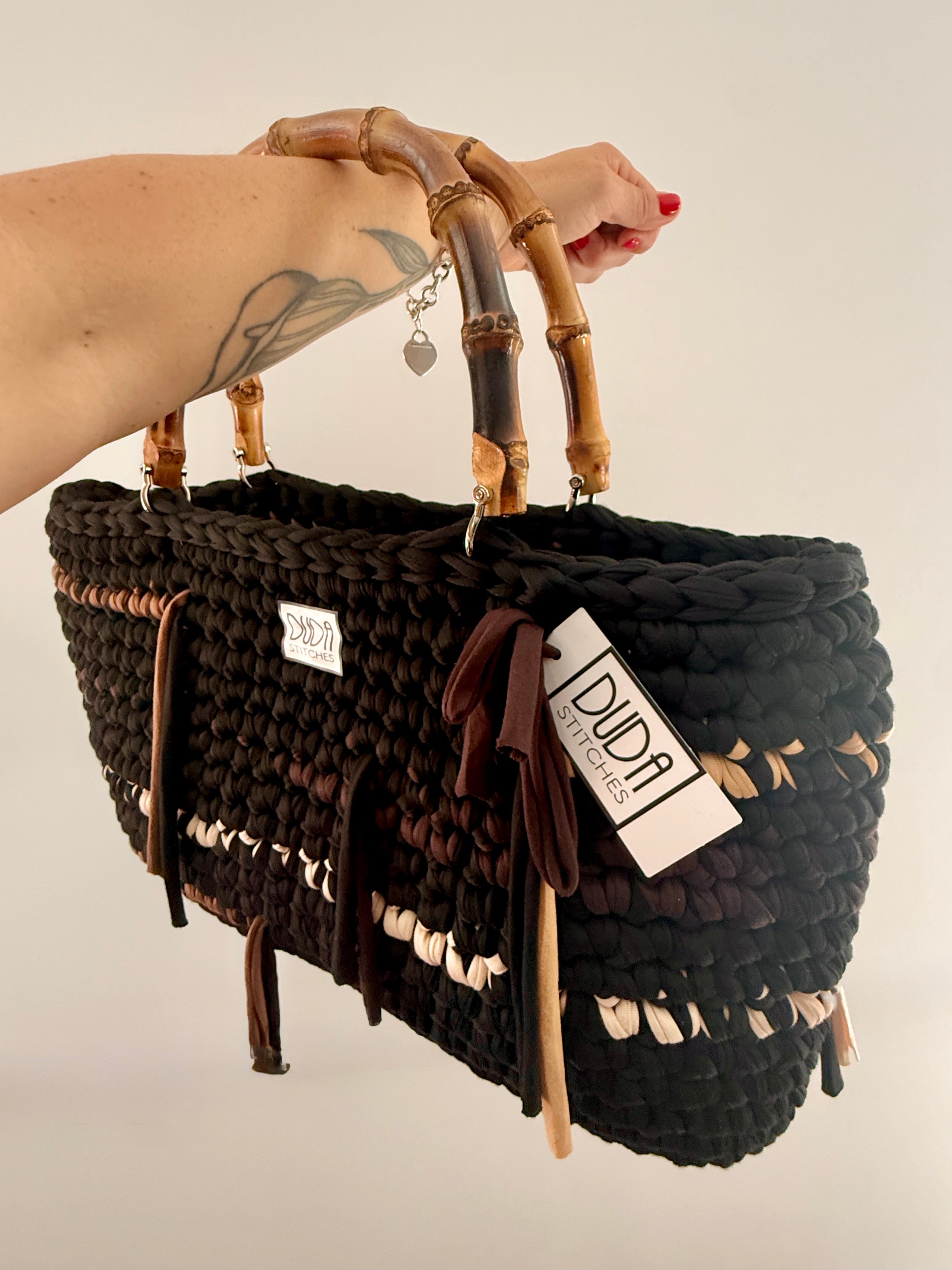 BAROLO bag large multicolore nero//marrone con manici in bamboo