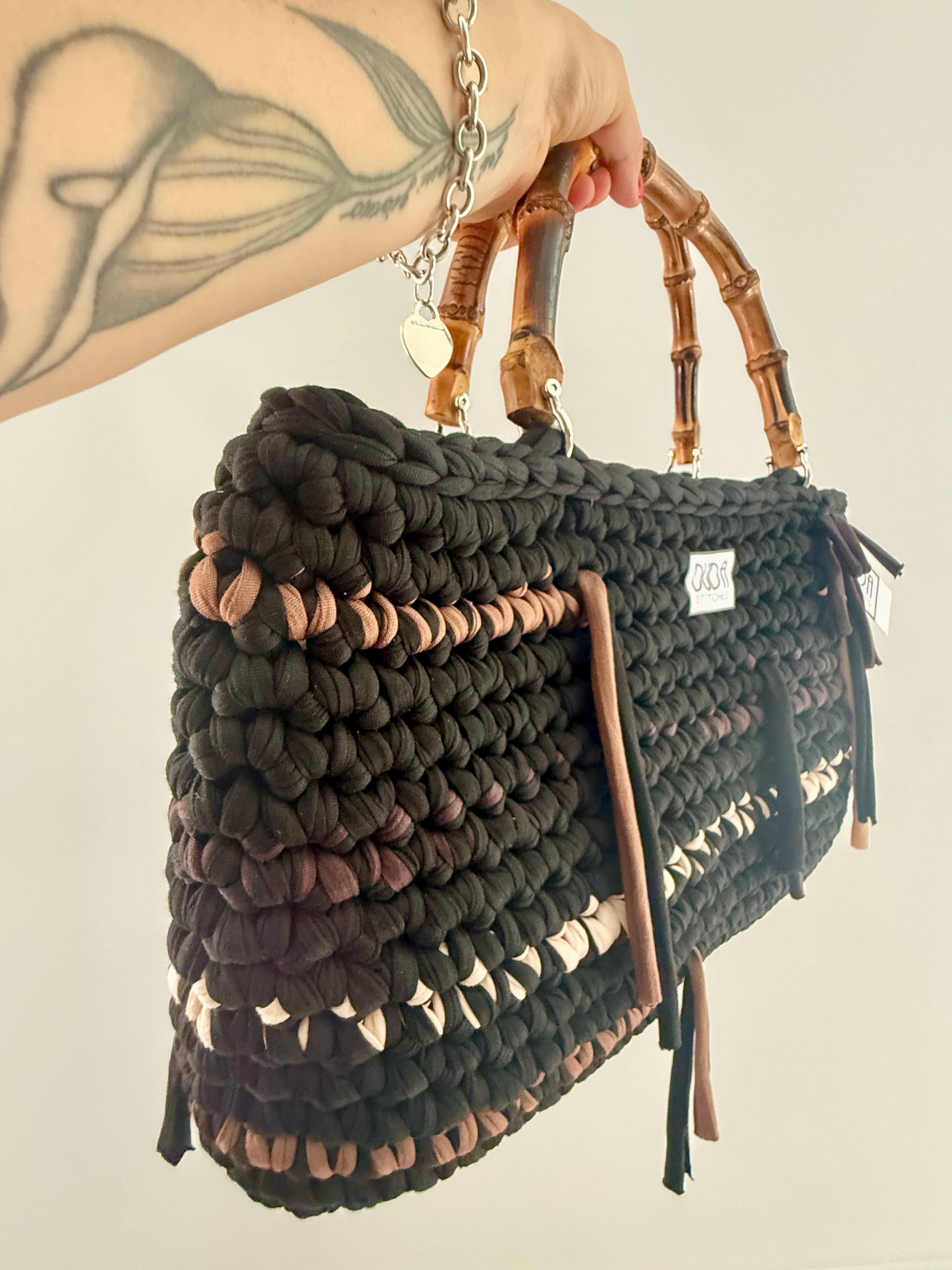 BAROLO bag large multicolore nero//marrone con manici in bamboo
