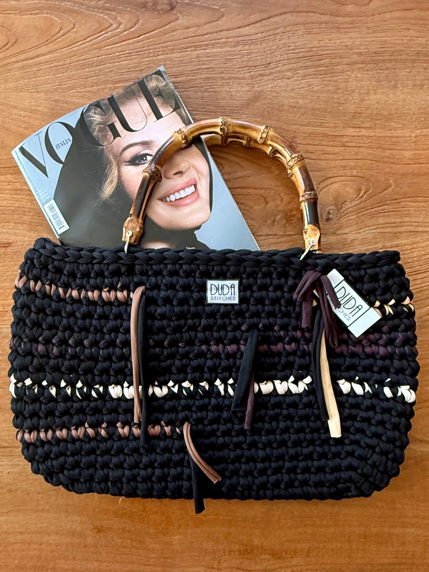 BAROLO bag large multicolore nero//marrone con manici in bamboo