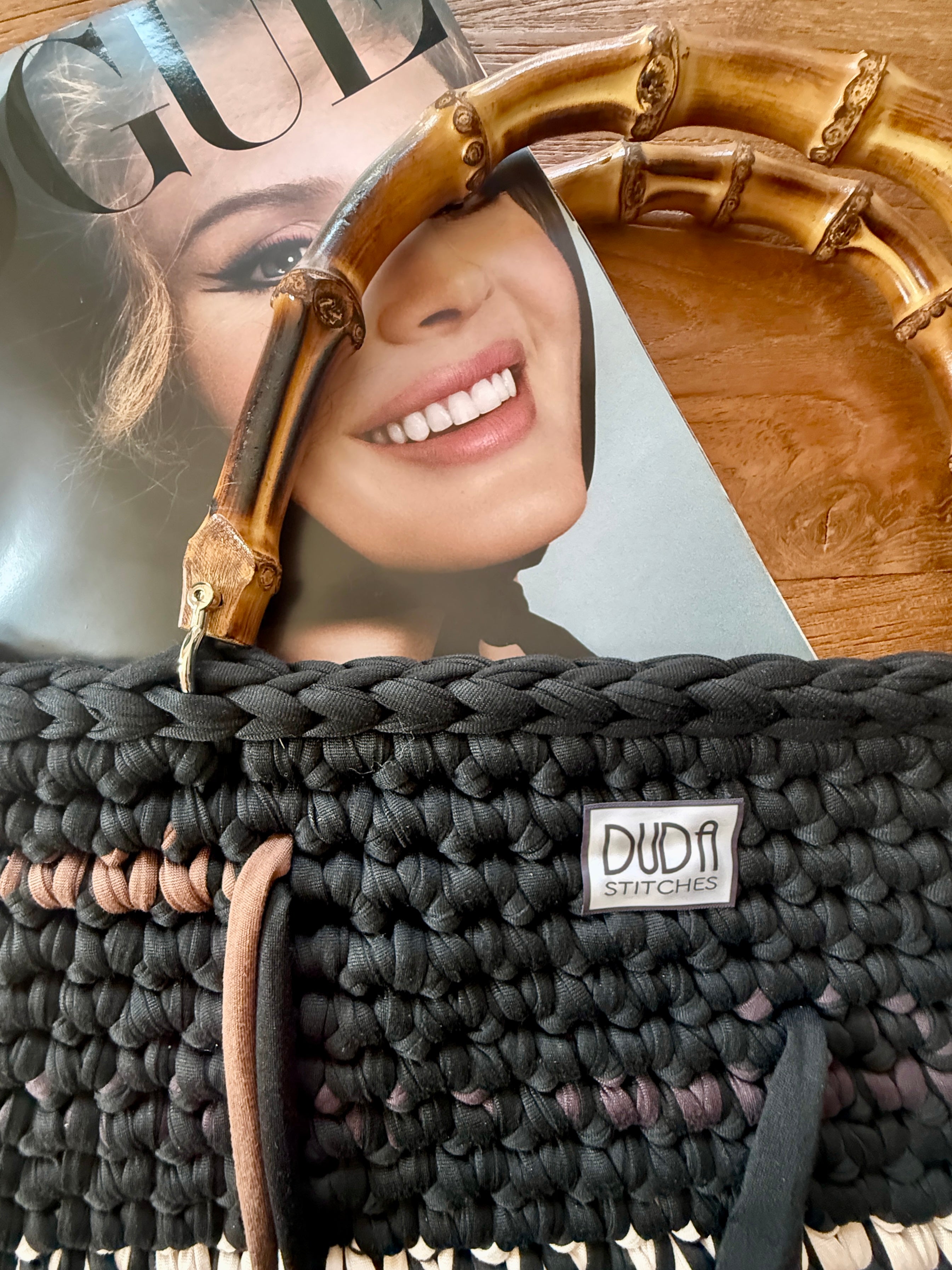 BAROLO bag large multicolore nero//marrone con manici in bamboo