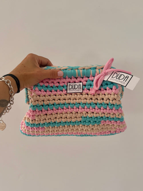 NOCCIOLA pochette standard rigata turchese//rosa//ecrù senza manico