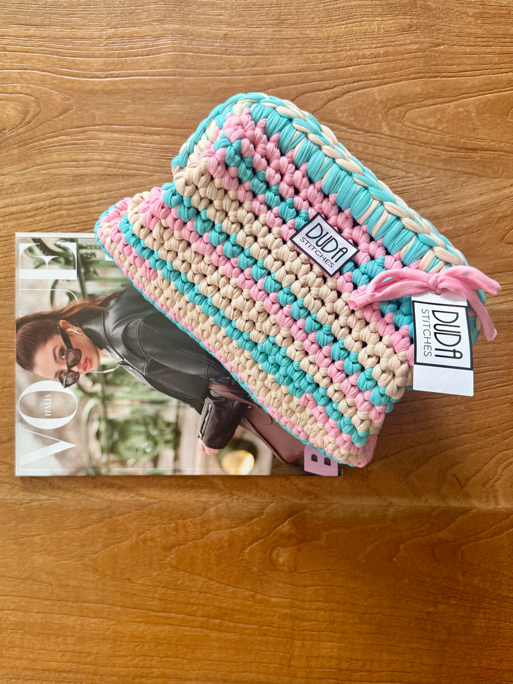 NOCCIOLA pochette standard rigata turchese//rosa//ecrù senza manico