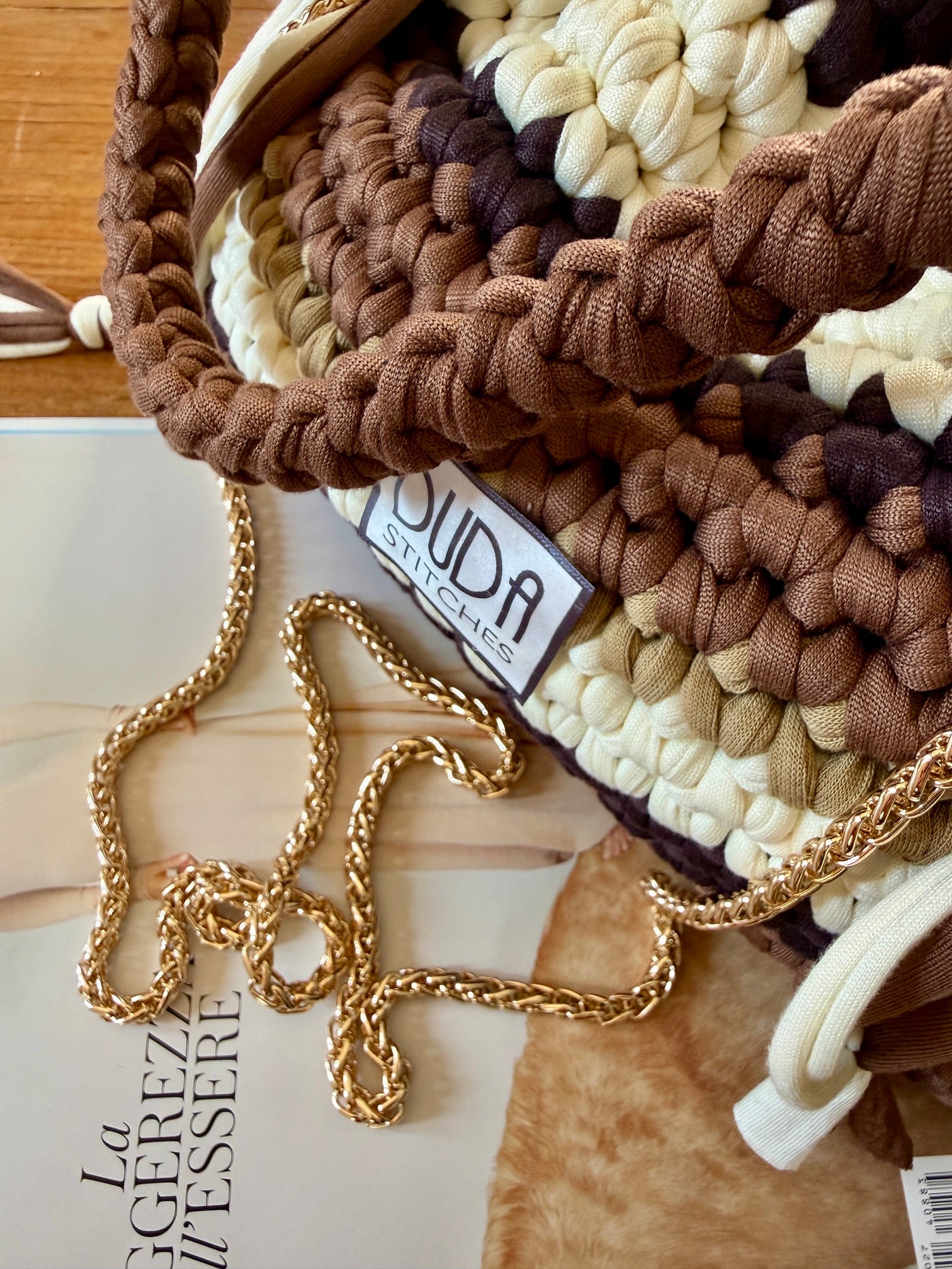 DUDINA bag rigata marrone con maniglia